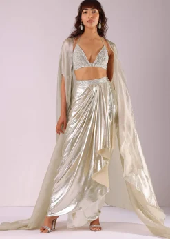 Glam Silver Embroidered Pleated Skirt And Blouse In Lycra With Organza Shrug