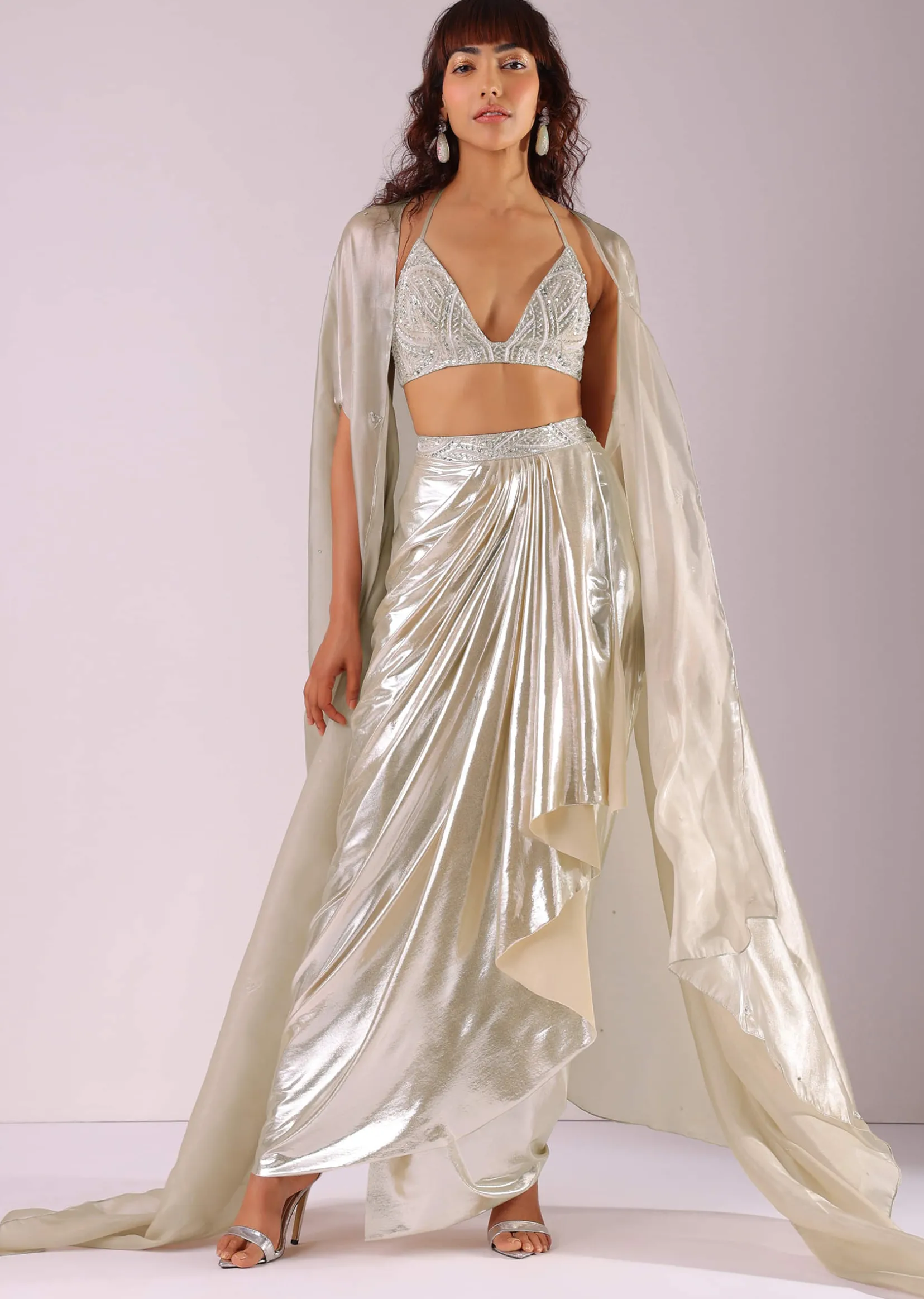 Glam Silver Embroidered Pleated Skirt And Blouse In Lycra With Organza Shrug