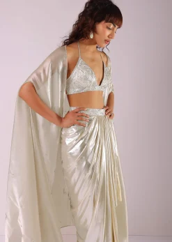 Glam Silver Embroidered Pleated Skirt And Blouse In Lycra With Organza Shrug