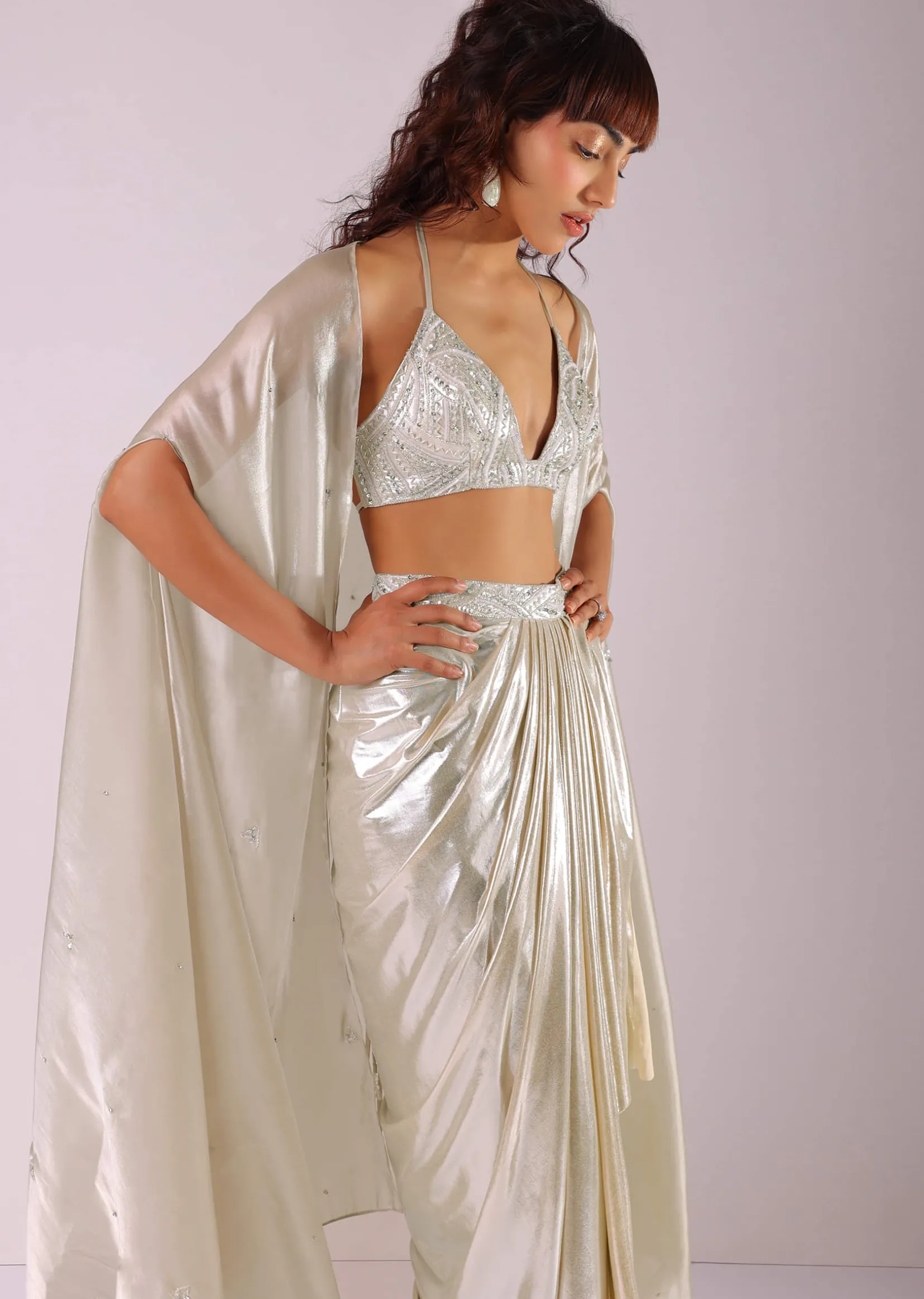 Glam Silver Embroidered Pleated Skirt And Blouse In Lycra With Organza Shrug