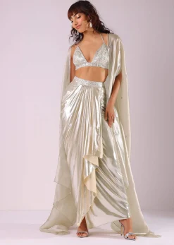 Glam Silver Embroidered Pleated Skirt And Blouse In Lycra With Organza Shrug