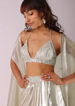 Glam Silver Embroidered Pleated Skirt And Blouse In Lycra With Organza Shrug