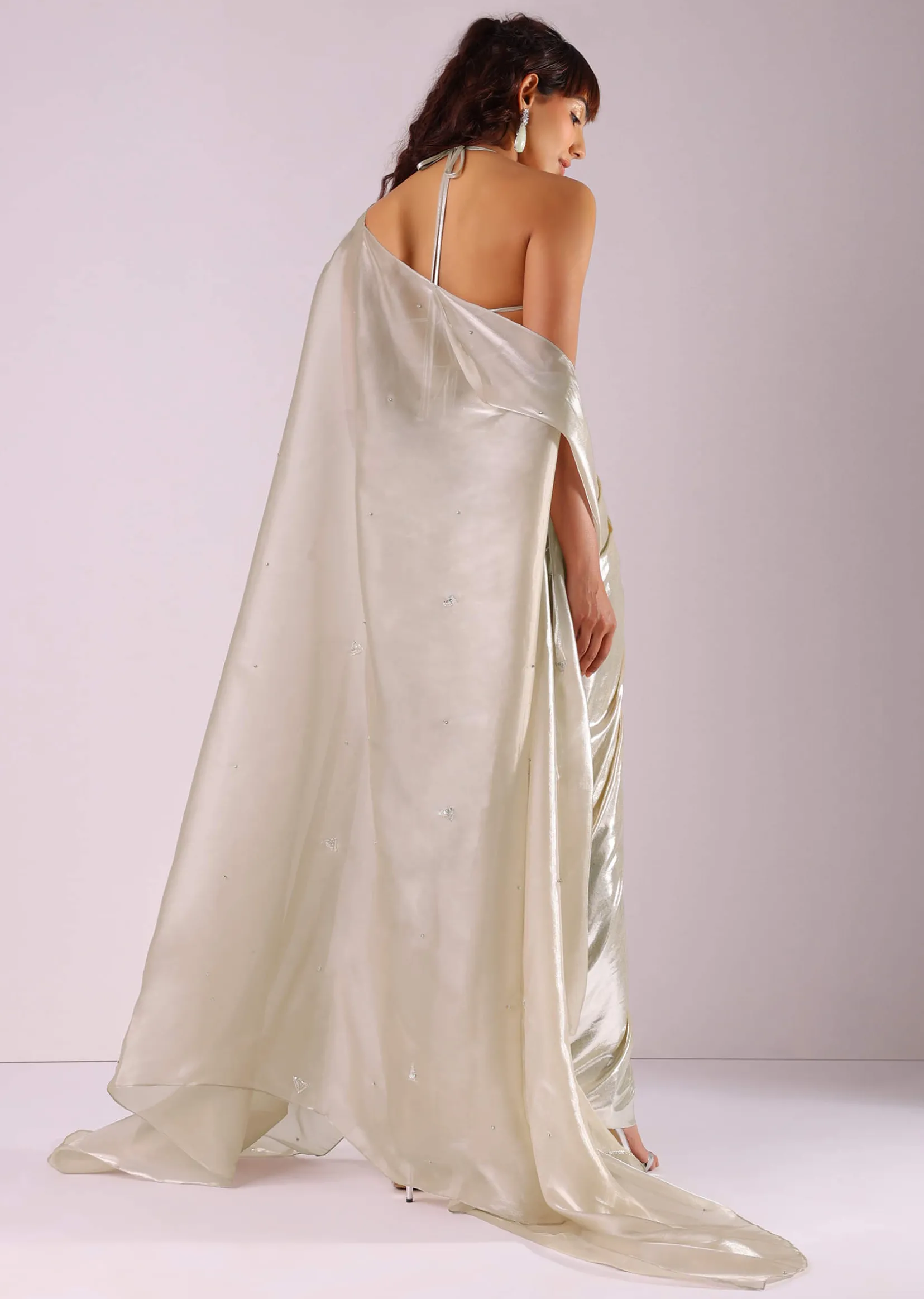 Glam Silver Embroidered Pleated Skirt And Blouse In Lycra With Organza Shrug