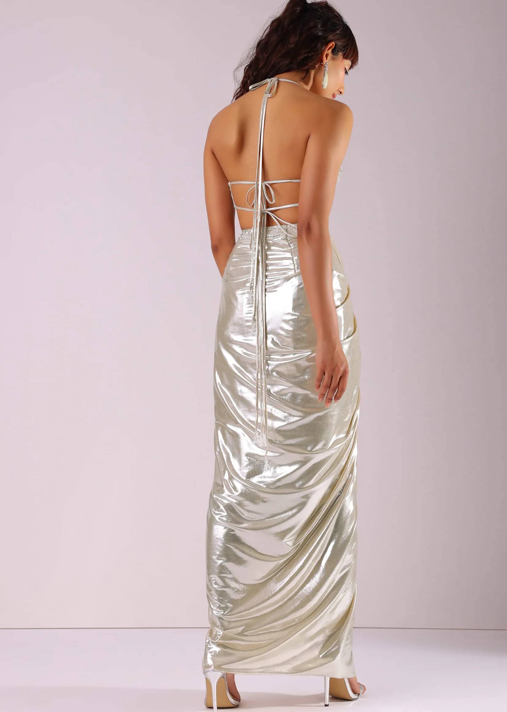 Glam Silver Embroidered Pleated Skirt And Blouse In Lycra With Organza Shrug