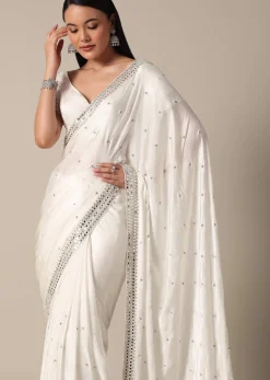 Glamorous White Chinnon Saree With Stone Embellishments