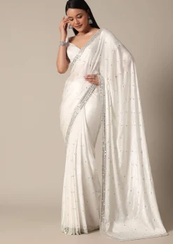 Glamorous White Chinnon Saree With Stone Embellishments