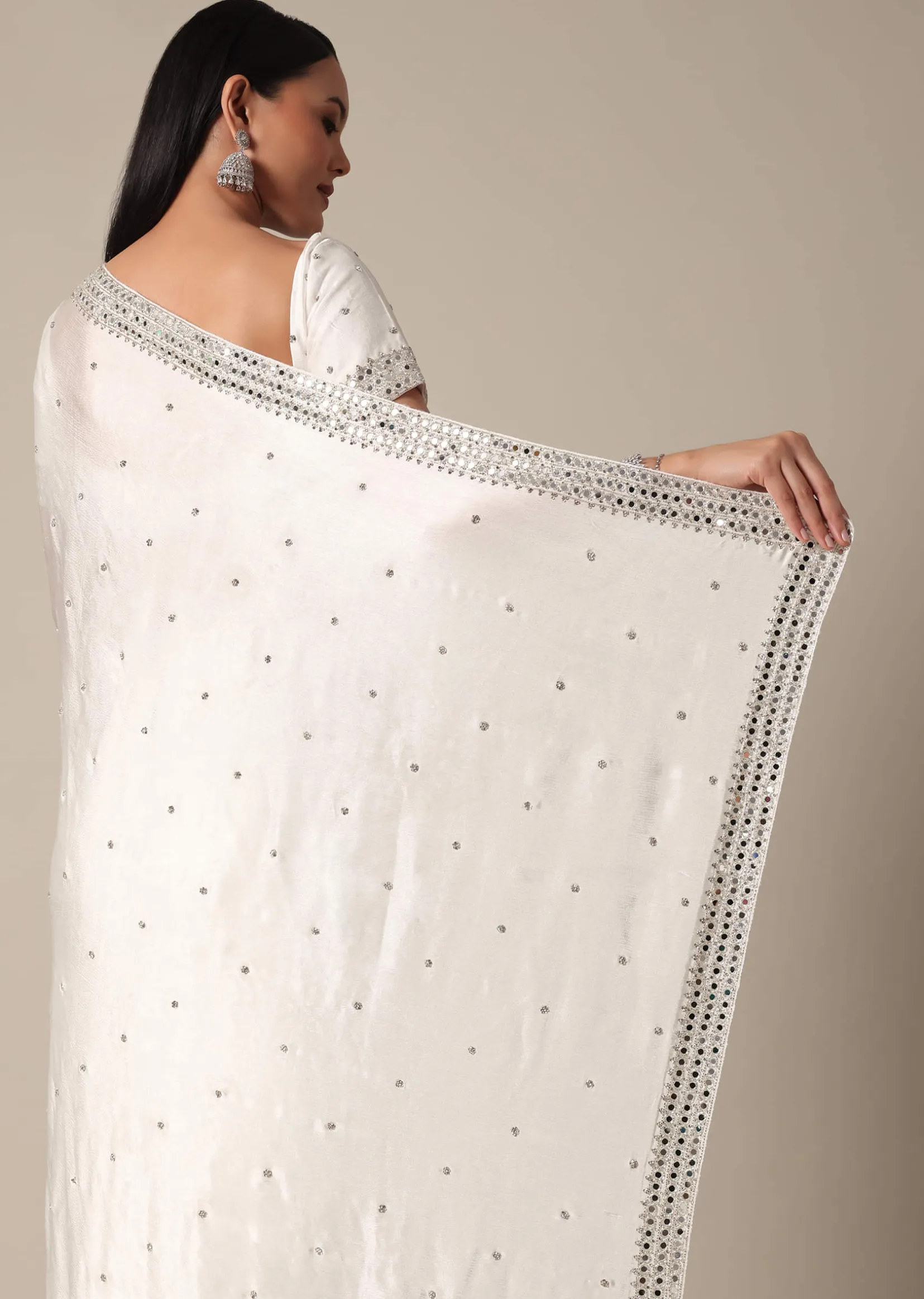 Glamorous White Chinnon Saree With Stone Embellishments