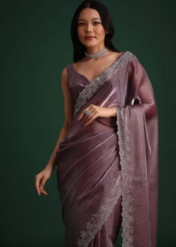 Glass Tissue Saree With Stone And Diamond Embroidery