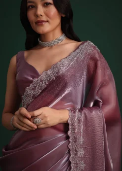 Glass Tissue Saree With Stone And Diamond Embroidery