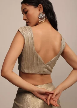 Glittery Gold Cap Sleeve Blouse In Gold Pleated Fabric With A Sweetheart Neckline