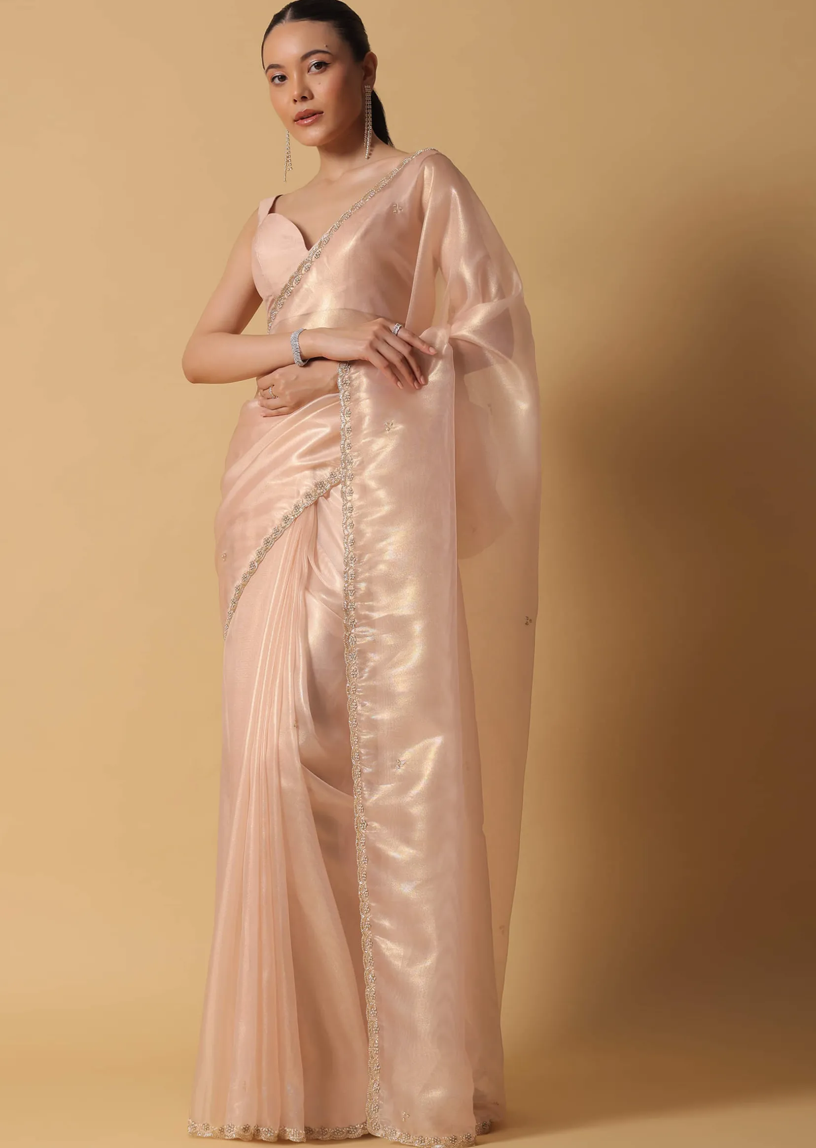 Gold And Brown Toned Saree In Tissue With Cut Dana Embroidered Borders