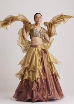 Gold And Mauve Organza Embellished Lehenga Set