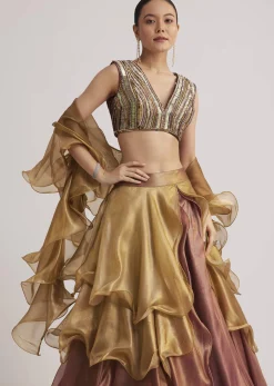 Gold And Mauve Organza Embellished Lehenga Set