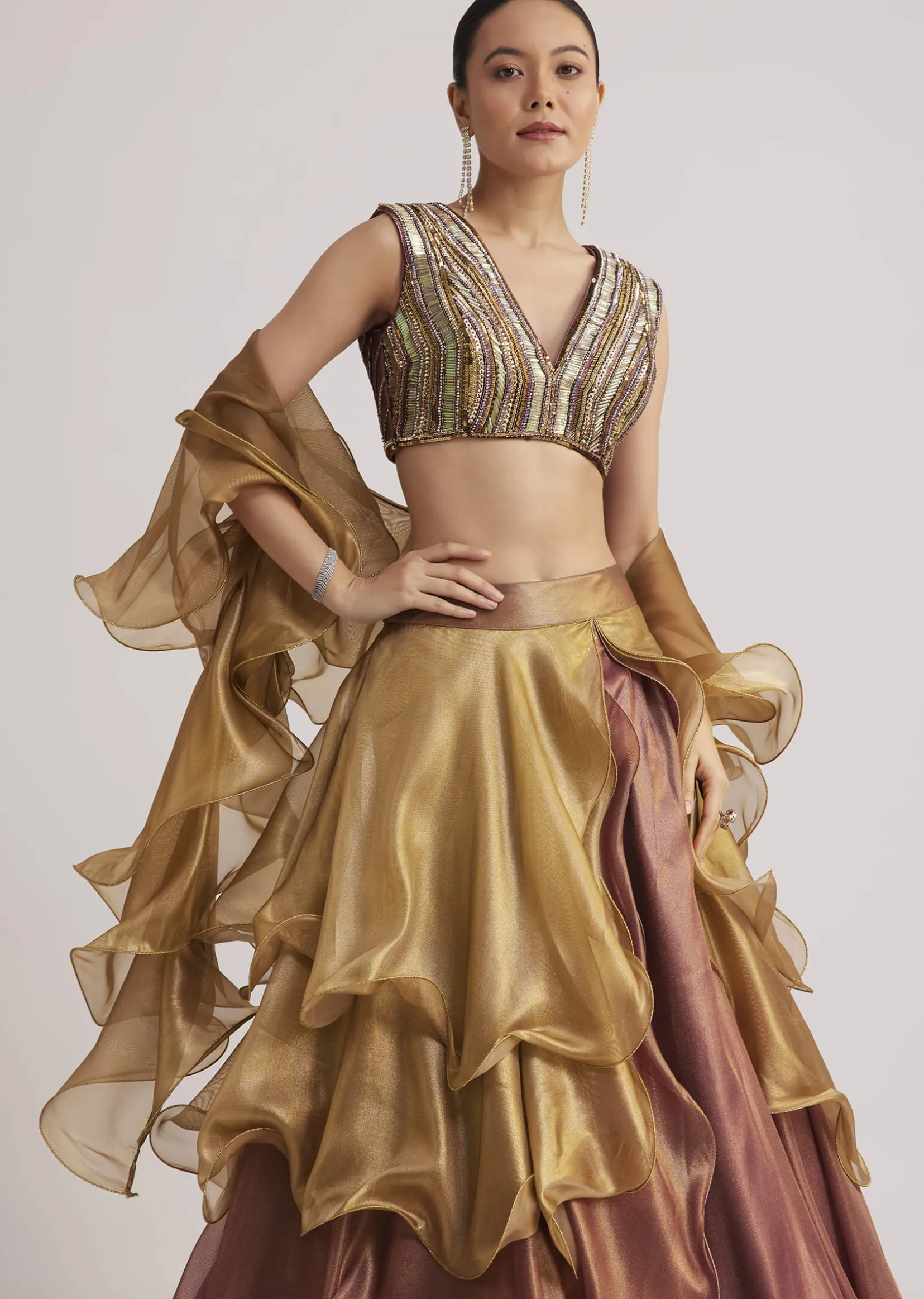 Gold And Mauve Organza Embellished Lehenga Set