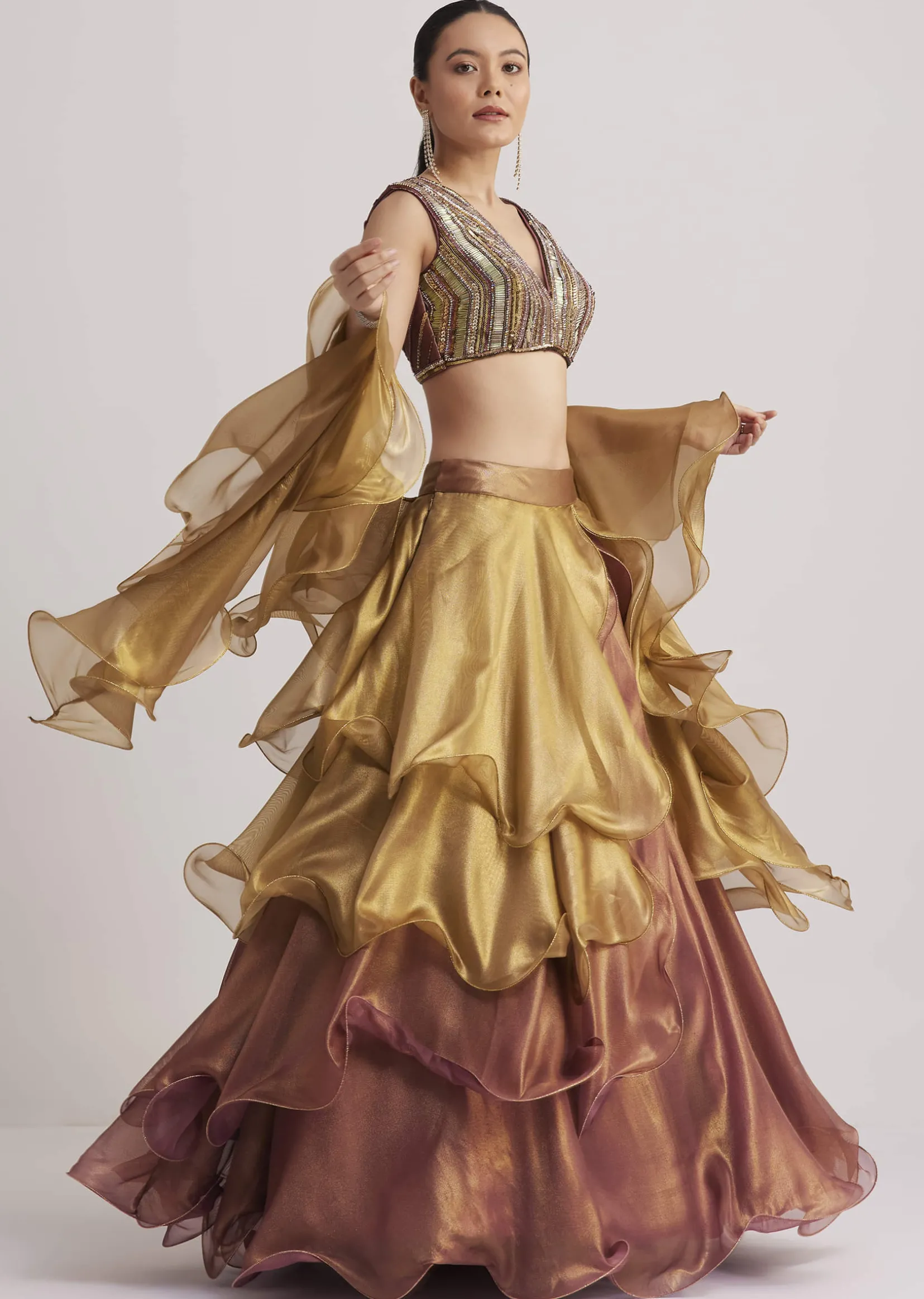 Gold And Mauve Organza Embellished Lehenga Set