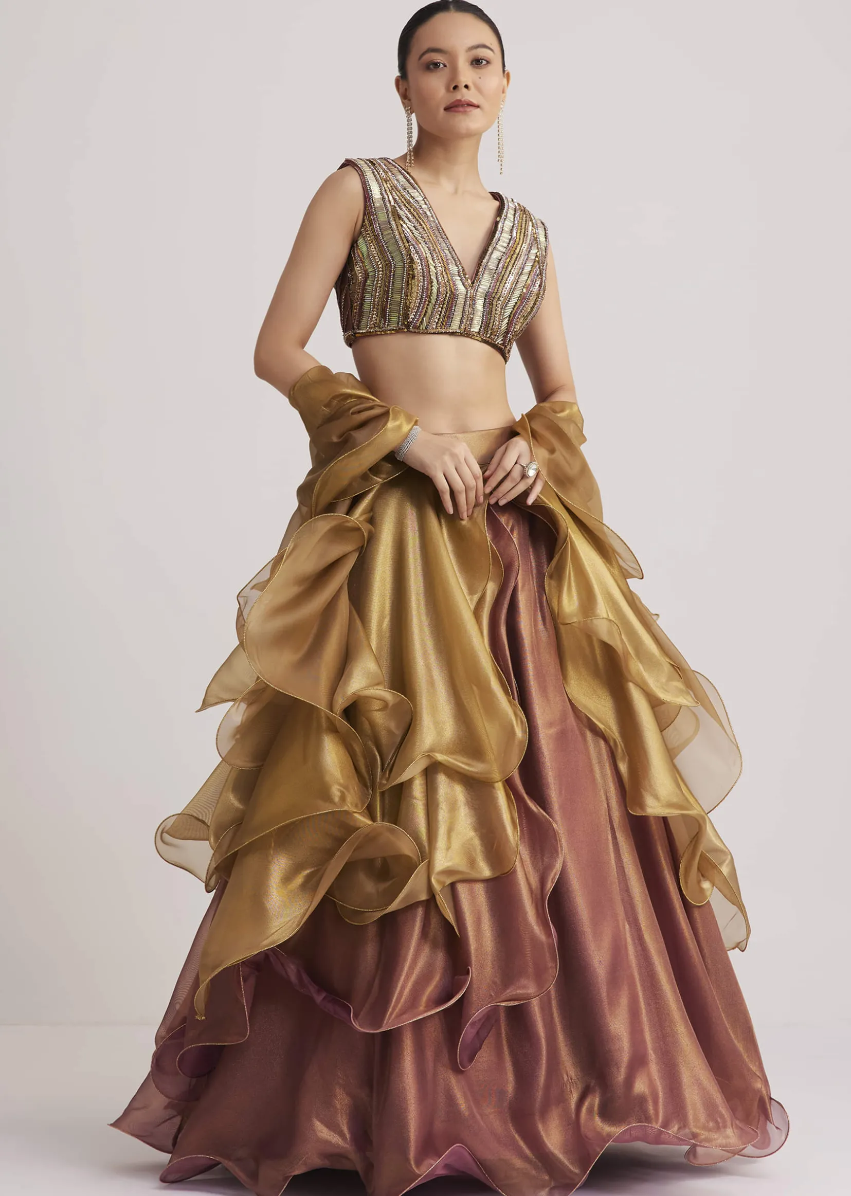 Gold And Mauve Organza Embellished Lehenga Set