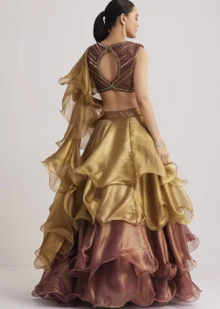 Gold And Mauve Organza Embellished Lehenga Set