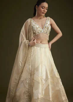 Gold And White Net Embroidered Lehenga Set With Organza Dupatta