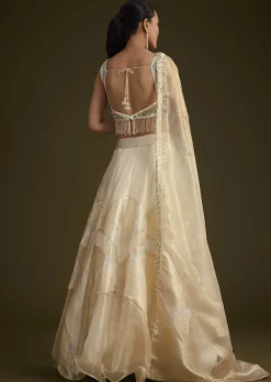 Gold And White Net Embroidered Lehenga Set With Organza Dupatta