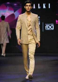 Gold Banarasi Chanderi Blazer Set