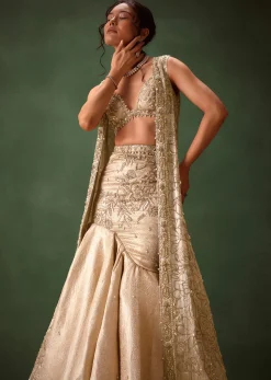 Gold Banarasi Embroidered Long Jacket With Sleeveless Blouse And Fishcut Lehenga
