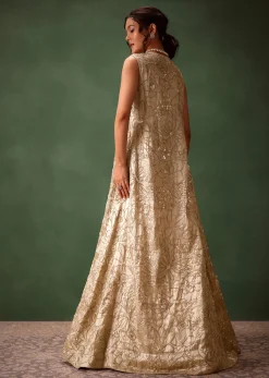 Gold Banarasi Embroidered Long Jacket With Sleeveless Blouse And Fishcut Lehenga