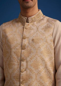 Gold Beige Banarasi Silk Kurta Jacket Set With Self Work