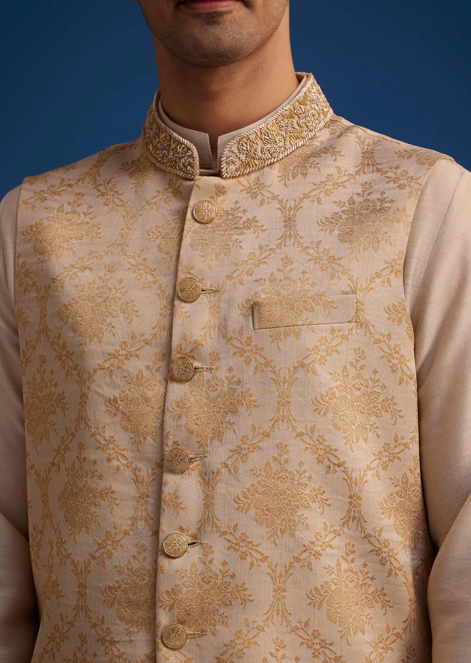 Gold Beige Banarasi Silk Kurta Jacket Set With Self Work