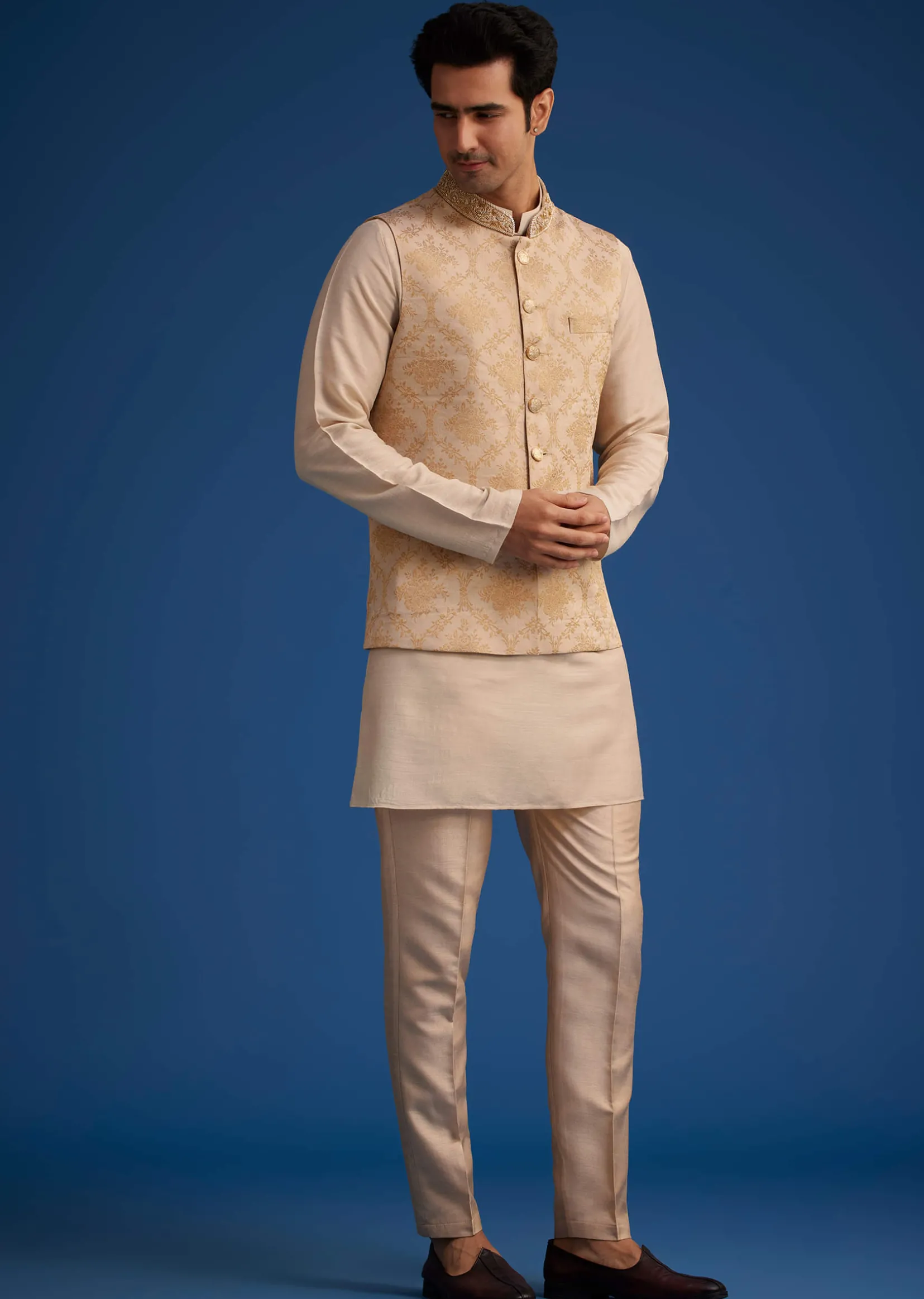 Gold Beige Banarasi Silk Kurta Jacket Set With Self Work