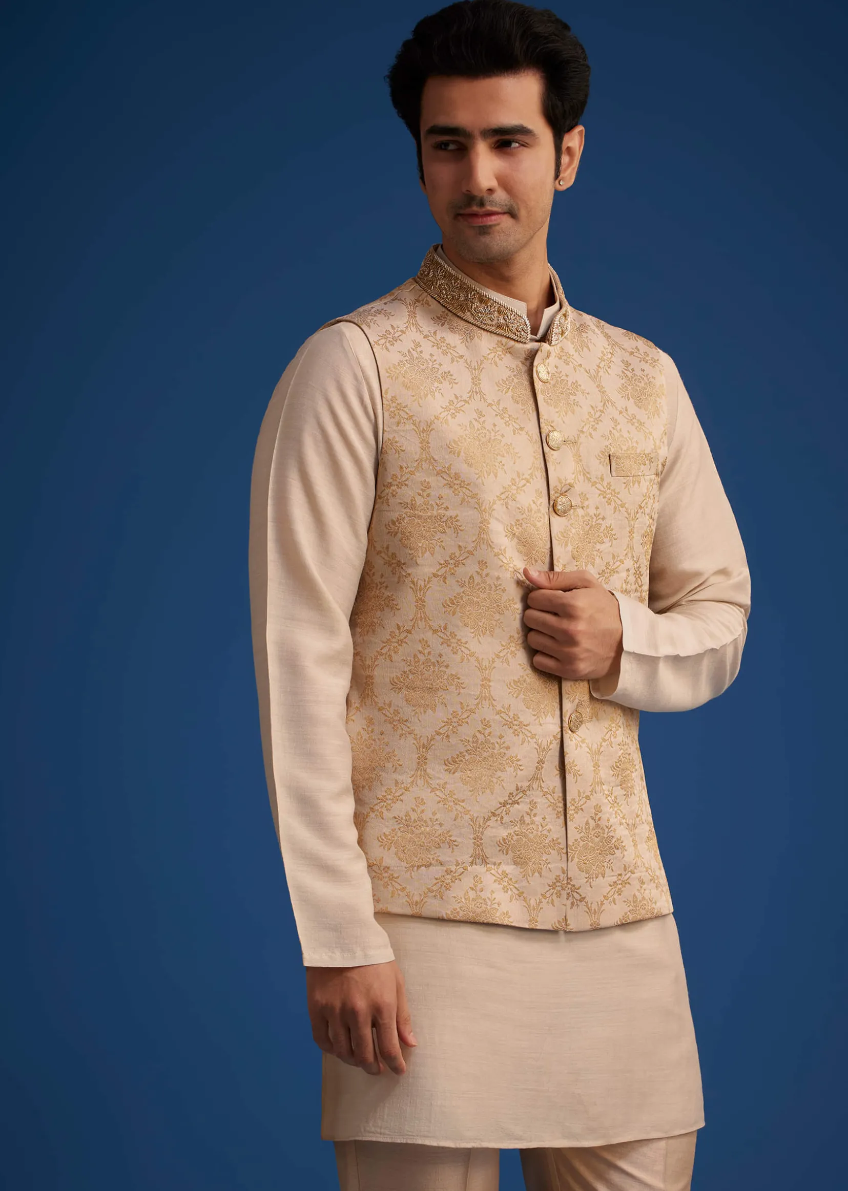 Gold Beige Banarasi Silk Kurta Jacket Set With Self Work