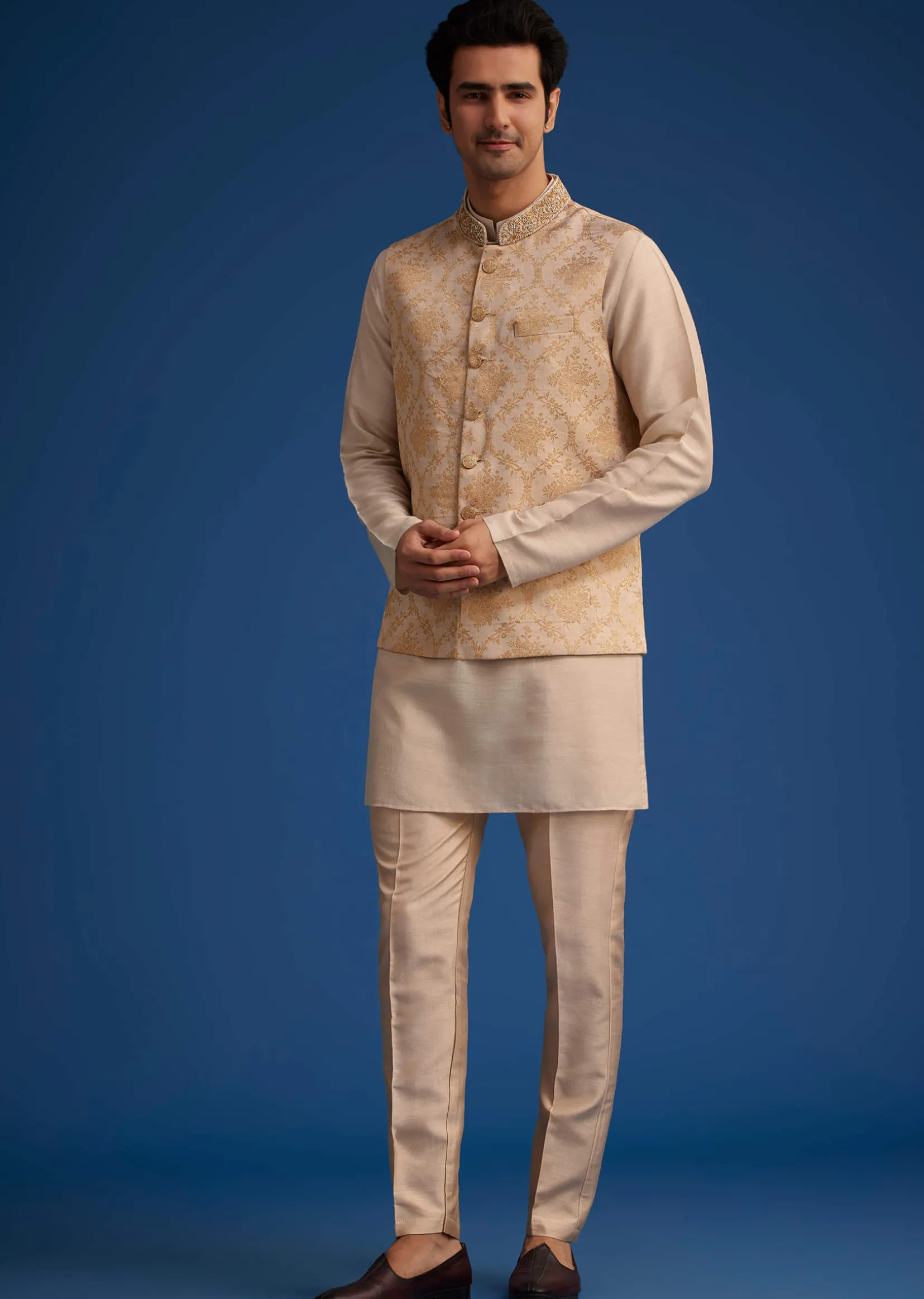 Gold Beige Banarasi Silk Kurta Jacket Set With Self Work