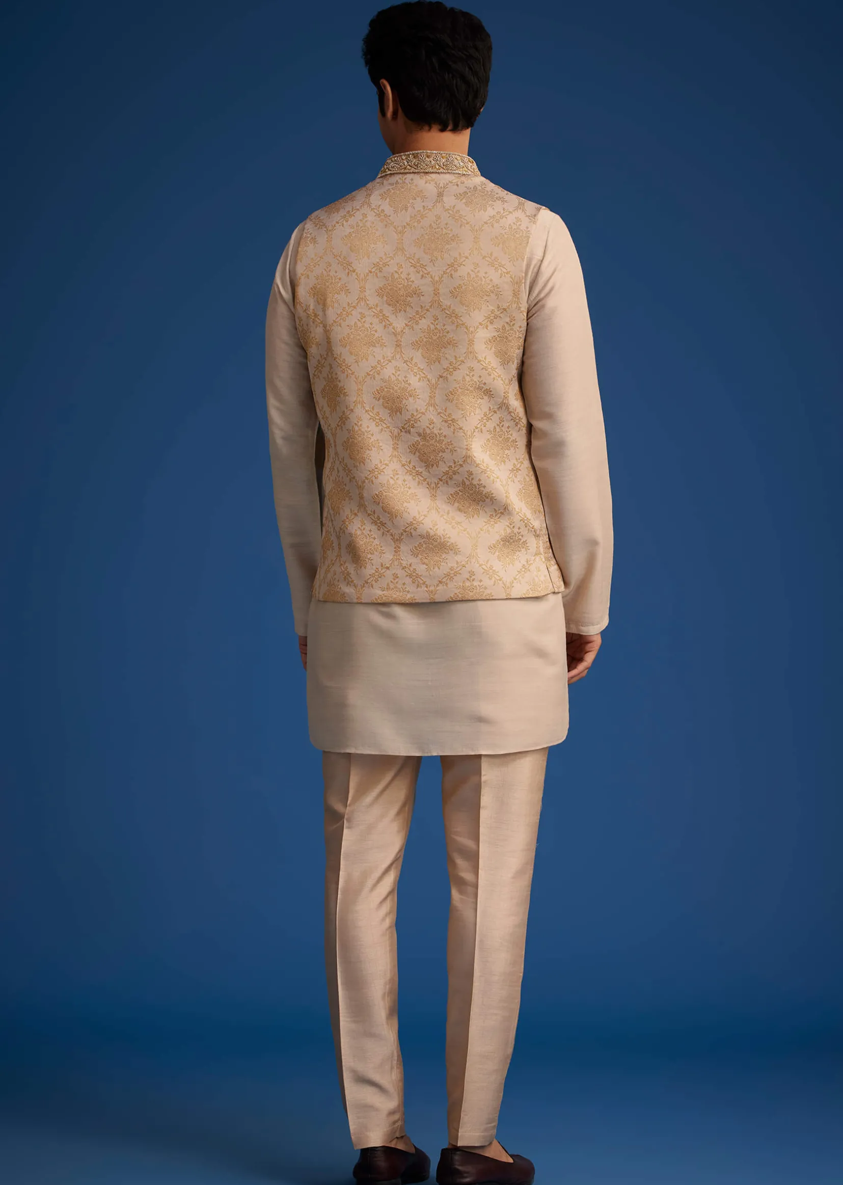 Gold Beige Banarasi Silk Kurta Jacket Set With Self Work