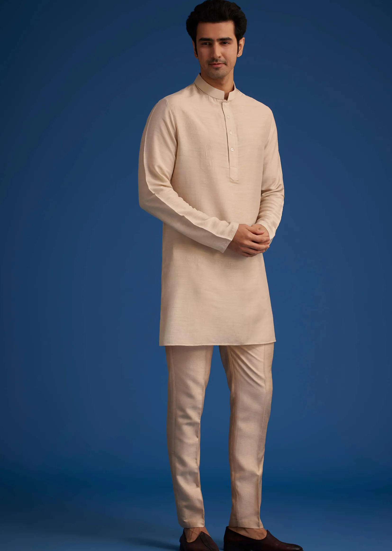 Gold Beige Banarasi Silk Kurta Jacket Set With Self Work