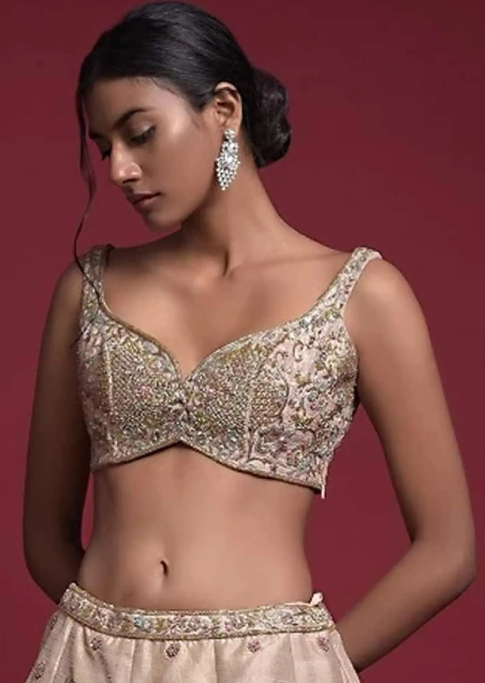 Gold Beige Blouse In Raw Silk With Sweetheart Neckline And Embroidered Floral And Checks Pattern