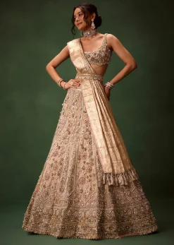 Gold Beige Chanderi Silk Lehenga Set With Embroidered Jacket And Dupatta