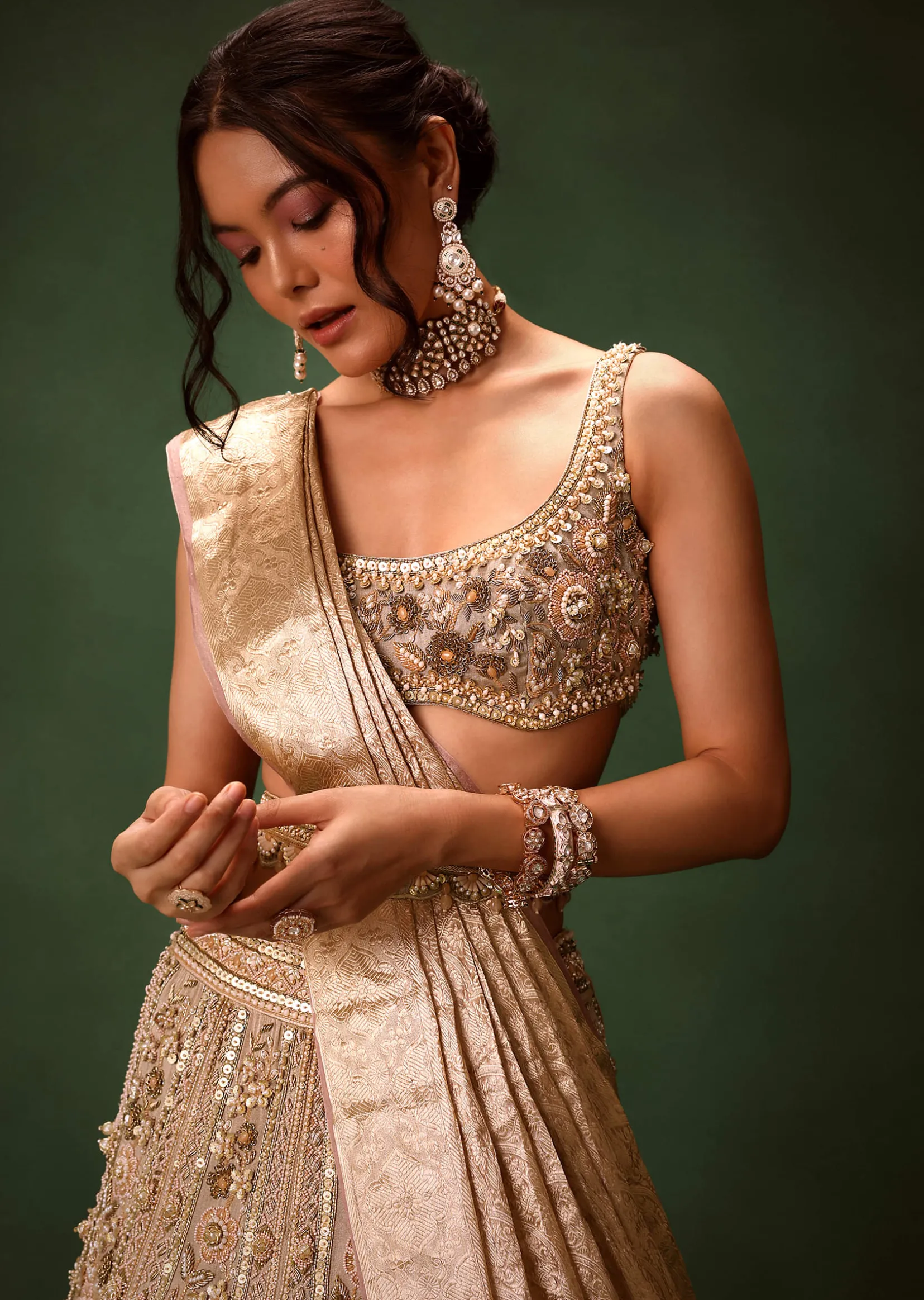 Gold Beige Chanderi Silk Lehenga Set With Embroidered Jacket And Dupatta