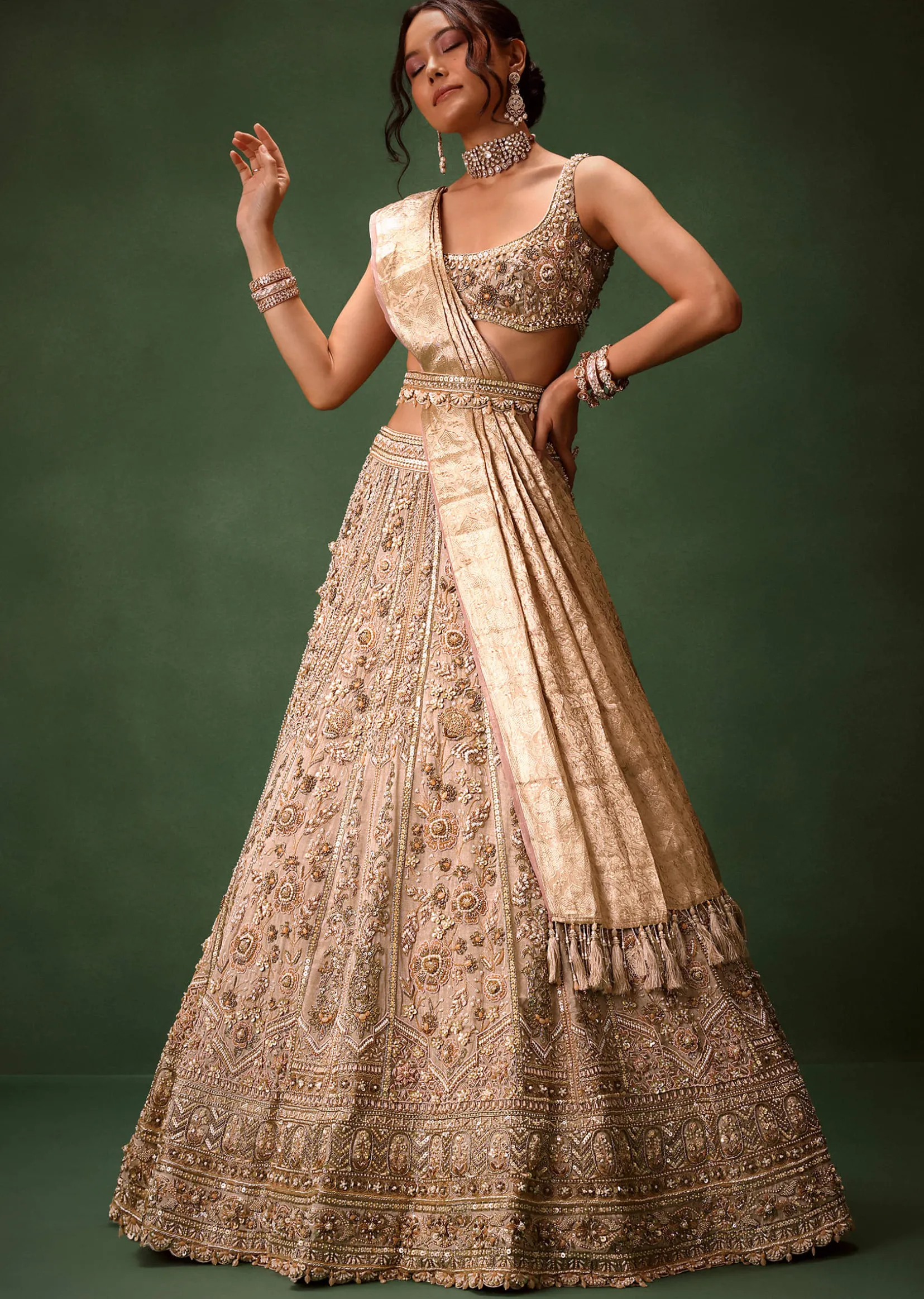 Gold Beige Chanderi Silk Lehenga Set With Embroidered Jacket And Dupatta