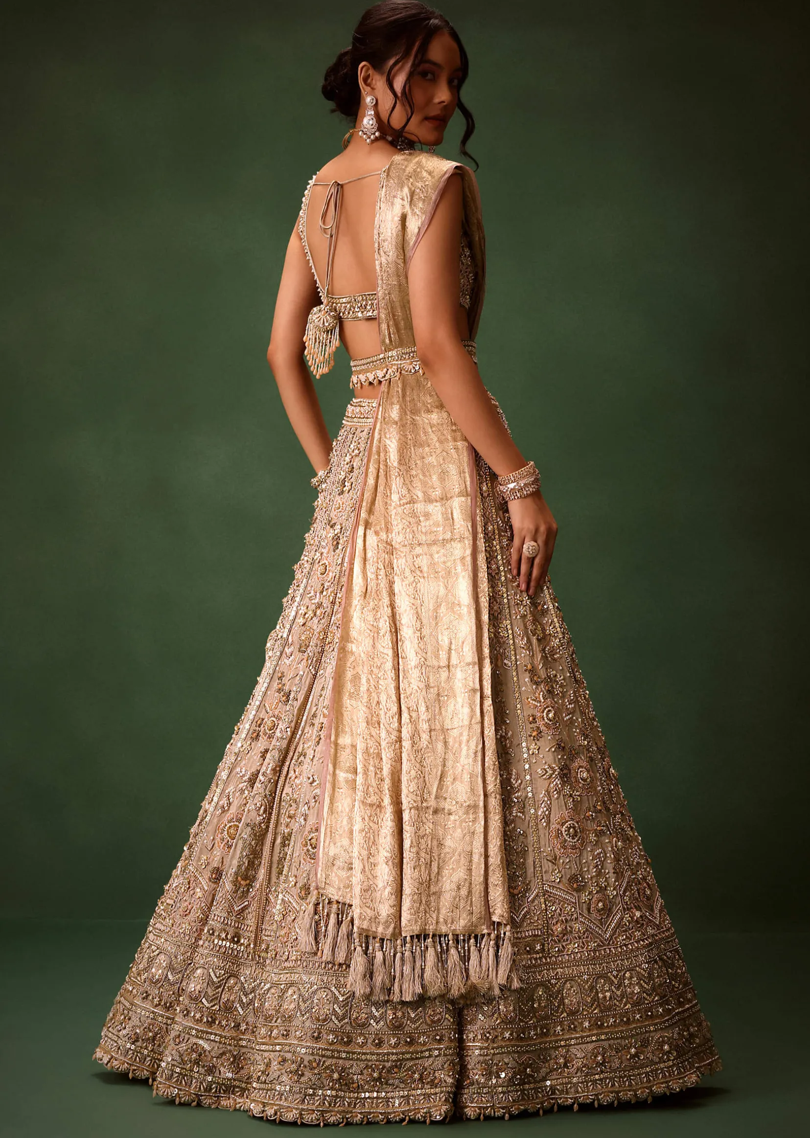 Gold Beige Chanderi Silk Lehenga Set With Embroidered Jacket And Dupatta