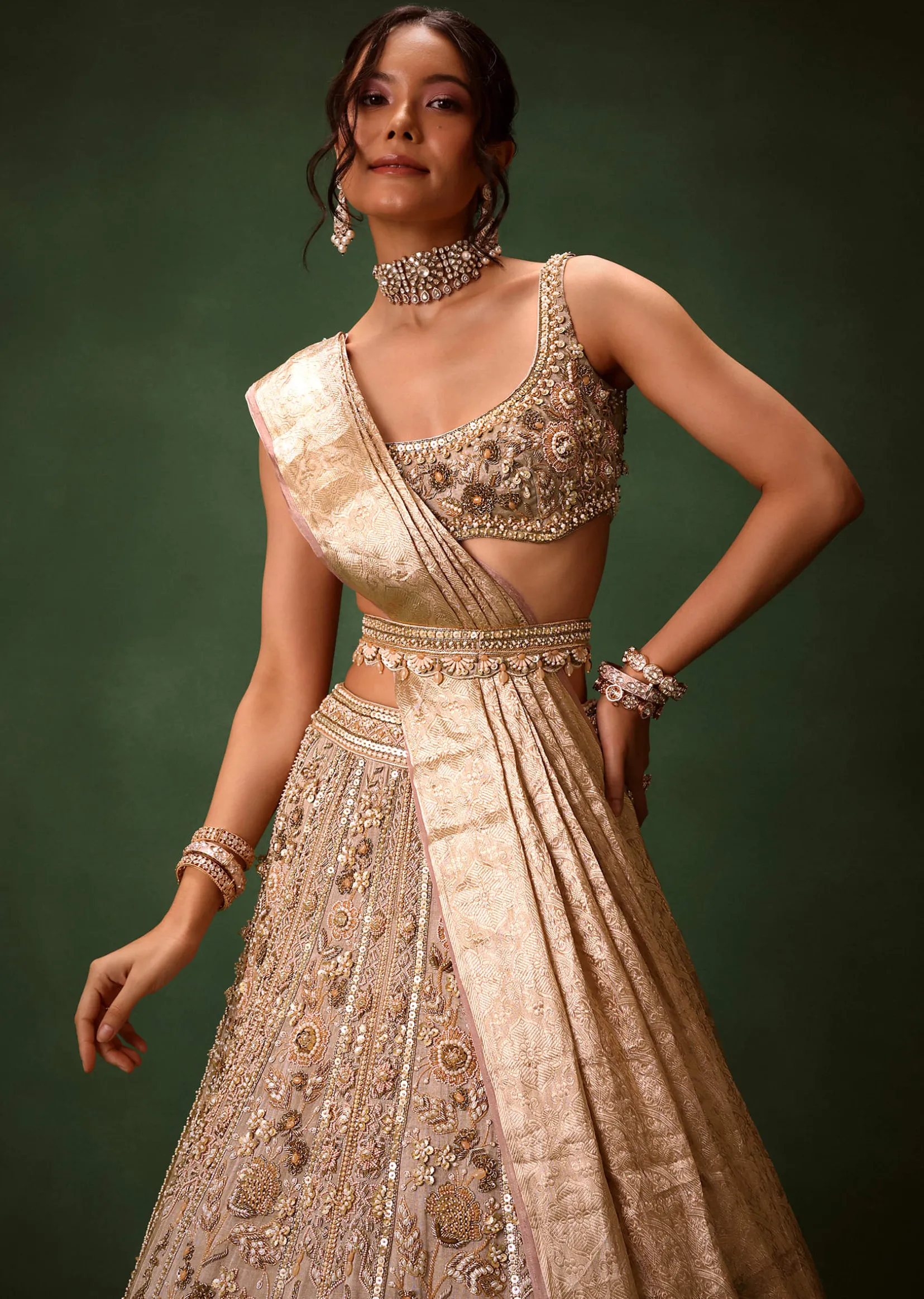 Gold Beige Chanderi Silk Lehenga Set With Embroidered Jacket And Dupatta