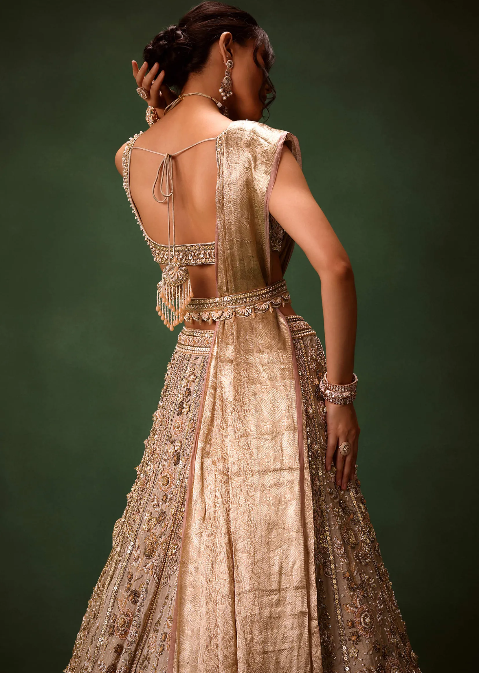Gold Beige Chanderi Silk Lehenga Set With Embroidered Jacket And Dupatta