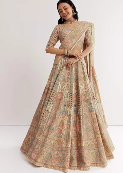 Gold Beige Georgette Printed Lehenga With Cutdana And Stone Work