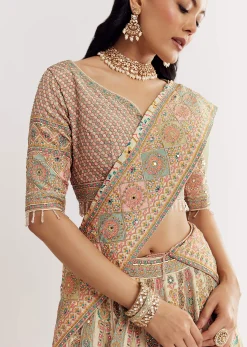 Gold Beige Georgette Printed Lehenga With Cutdana And Stone Work