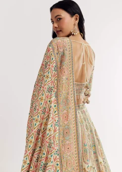 Gold Beige Georgette Printed Lehenga With Cutdana And Stone Work