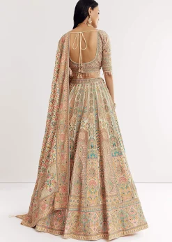 Gold Beige Georgette Printed Lehenga With Cutdana And Stone Work