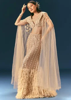 Gold Beige Mermaid Lehenga Set With Frills