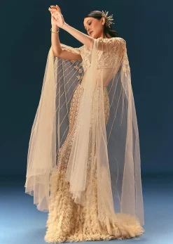 Gold Beige Mermaid Lehenga Set With Frills