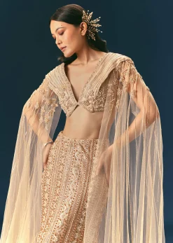 Gold Beige Mermaid Lehenga Set With Frills