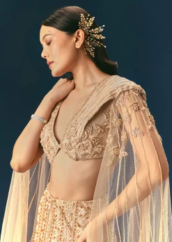 Gold Beige Mermaid Lehenga Set With Frills