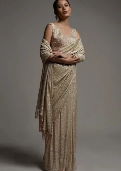 Gold Beige Saree Embellished In Sequins With Fringes On The Pallu And Unstitched Blouse