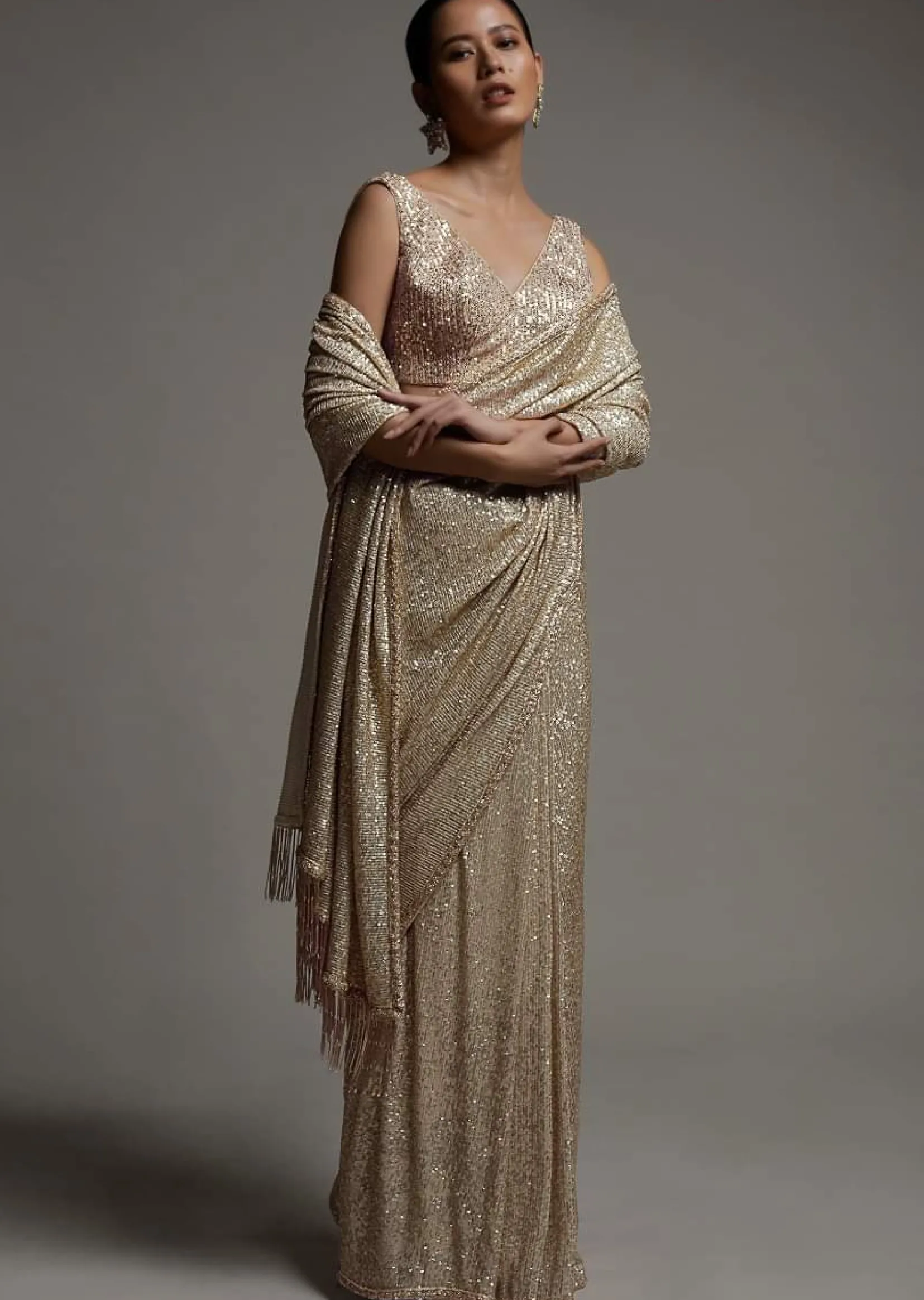 Gold Beige Saree Embellished In Sequins With Fringes On The Pallu And Unstitched Blouse